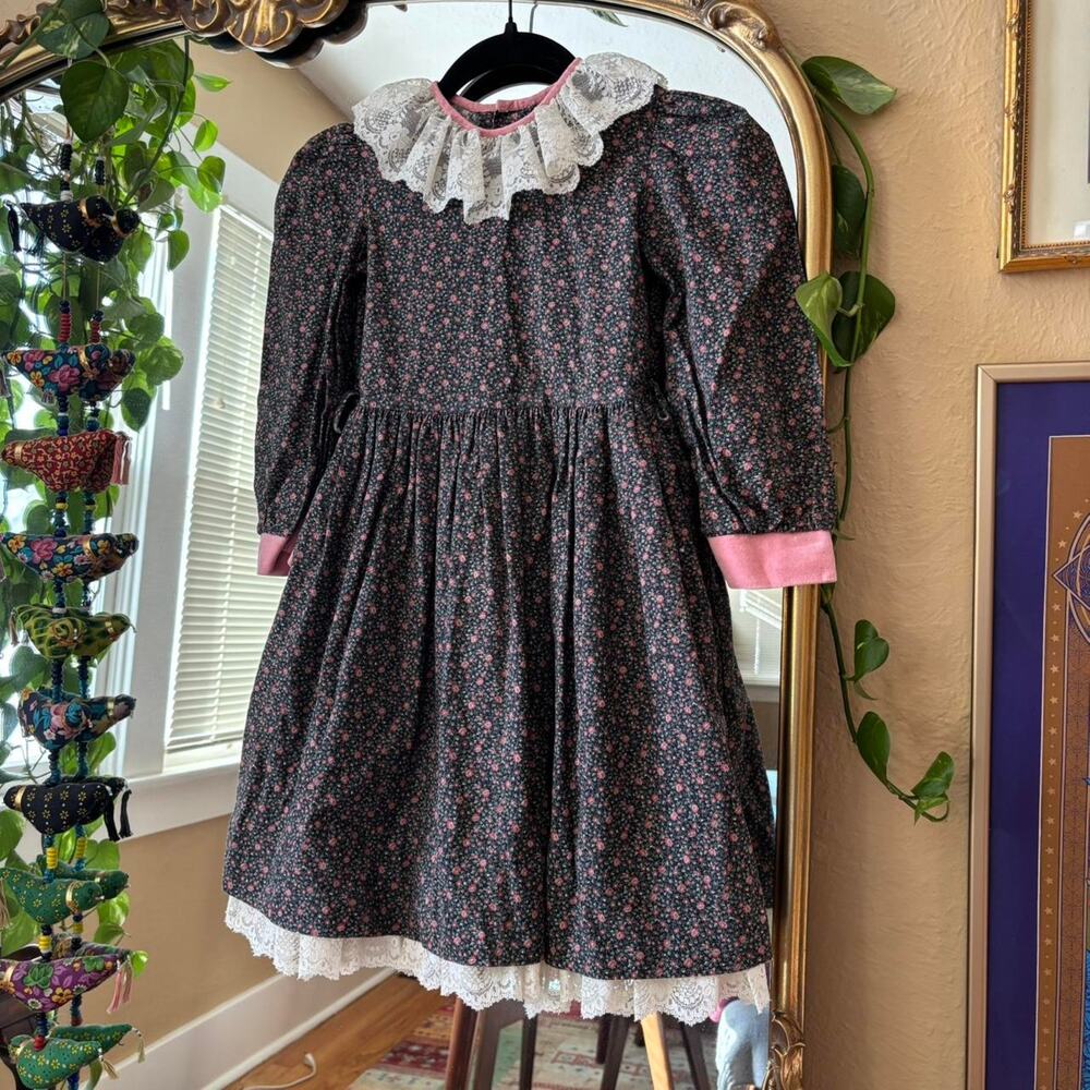 Vintage Jayne Copeland Dark Floral & Pink Velvet Lace Collared Kids Dress 6